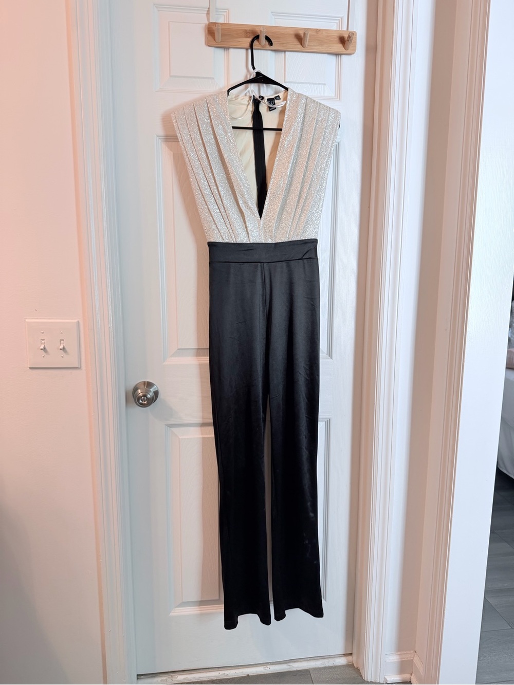 Windsor Silver Sequin Bodice Black Wide-Leg Jumpsuit with Deep V